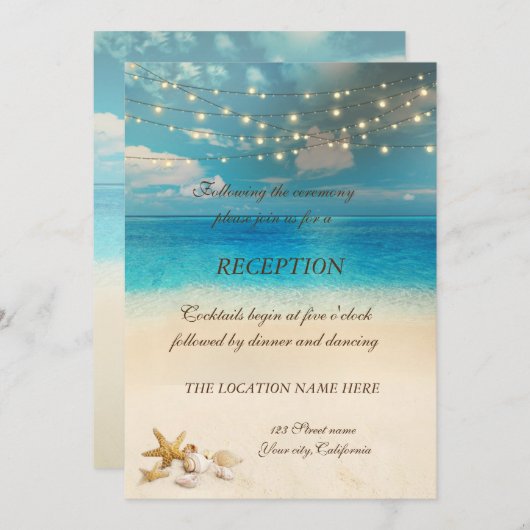 Invitation Lumières de mariage sur la plage Coquillages Récep (Devant / Derrière)