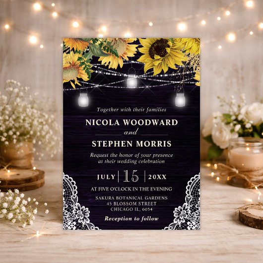 Invitation Lumières de mariage Tournesol rustique et pot Maso