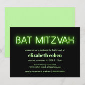 Invitation Lumières de néon vert bat mitzvah (Devant / Derrière)
