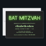 Invitation Lumières de néon vert bat mitzvah<br><div class="desc">Invitation bat mitzvah cool moderne avec "Bat mitzvah" en néon vert citron sur un arrière - plan noir.</div>