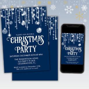 Invitation Lumières de Noël Bleu Marine sur Fil Blanc pour Fê