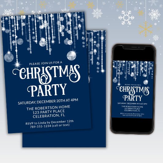 Invitation Lumières de Noël Bleu Marine sur Fil Blanc pour Fê