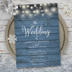 Invitation Lumières de Noël en bois rustique bleu pour mariag