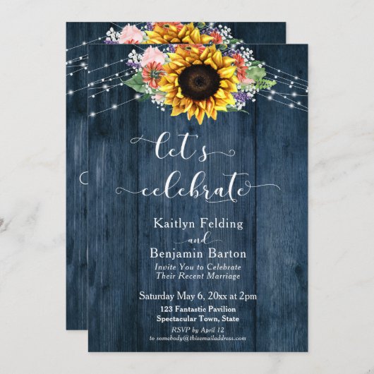 Invitation Lumières de tournesol en bois bleu Célébrons (Devant / Derrière)