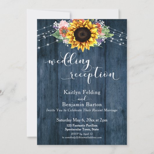 Invitation Lumières de tournesol en bois bleu pour réception  (Devant)