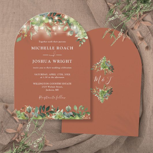 Invitation Lumières de verdure Monogramme Mariage Terracotta