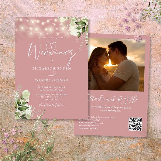 Invitation Lumières de verdure Rose Poussiéreuse Code QR Phot