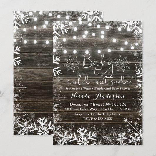 Invitation Lumières d'hiver et flocons de neige Baby shower r (Devant / Derrière)