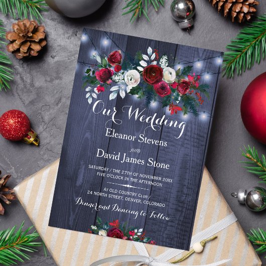 Invitation Lumières d'hiver rustique mariage floral bordeaux