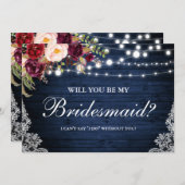 Invitation Lumières en bois bleu rustique Fleurs en dentelle  (Devant / Derrière)