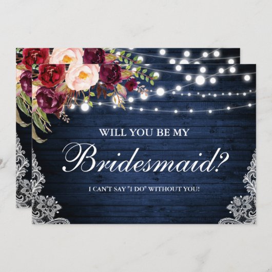 Invitation Lumières en bois bleu rustique Fleurs en dentelle  (Devant / Derrière)