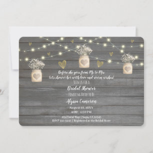 Invitation Lumières en bois gris rustique et douche de mariée