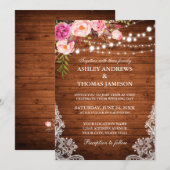 Invitation Lumières en bois Mariage rustique dentelle rose fl (Devant / Derrière)