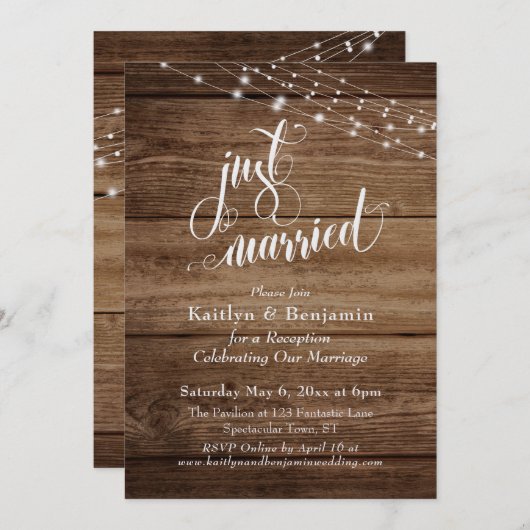 Invitation Lumières en bois marron rustique Réception de mari (Devant / Derrière)