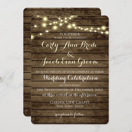 Invitation Lumières en bois rustique (Devant / Derrière)