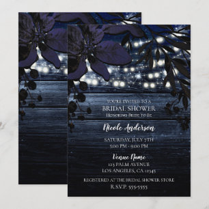 Invitation Lumières en Bois Rustique à Fleurs Bleu Foncé pour