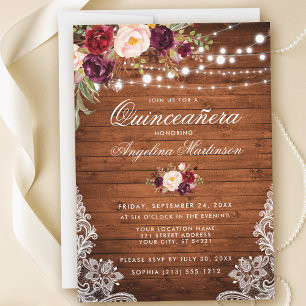 Invitation Lumières en bois rustique de Quinceanera dentelle 