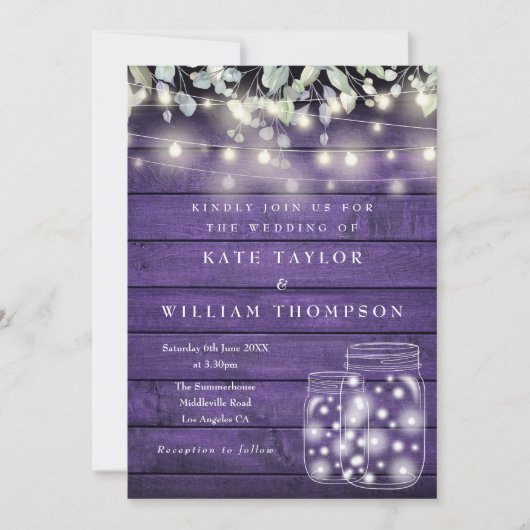 Invitation Lumières en bois rustique violet Mariage Pot Mason (Devant)