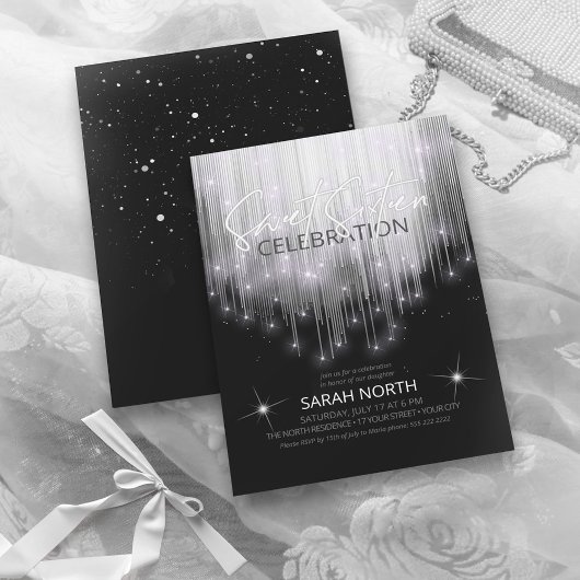 Invitation Lumières en cascade Sweet 16 noir et blanc ID790