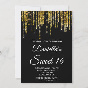 Invitation Lumières en Chaîne Dorées Brillantes Sweet 16 Noir