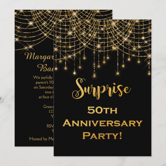 Invitation Lumières en Chaîne Dorées Texte Doré 50e Anniversa (Devant / Derrière)