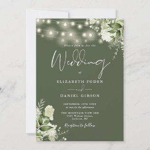 Invitation Lumières en forme de guirlandes vert olive Monogra