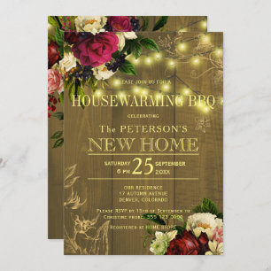 Invitation Lumières en or chaud à la maison bois fleurs autom