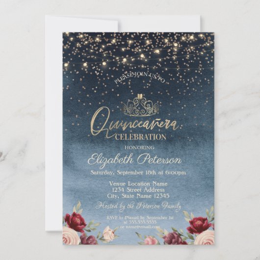 Invitation Lumières, Fleurs Bourgogne Marine Blue Quinceañera (Devant)