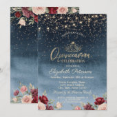 Invitation Lumières, Fleurs Bourgogne Marine Blue Quinceañera (Devant / Derrière)