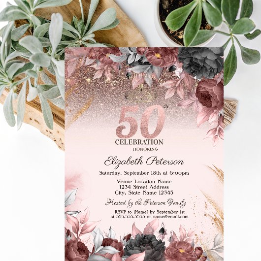 Invitation Lumières,Fleurs Chic Brillant 50e Anniversaire
