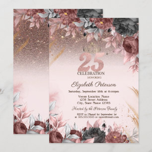 Invitation Lumières, Fleurs Chic Paillettes 25e Anniversaire