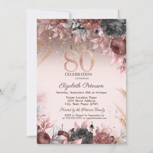 Invitation Lumières, Fleurs Chic Parties scintillant 80e anni (Devant)