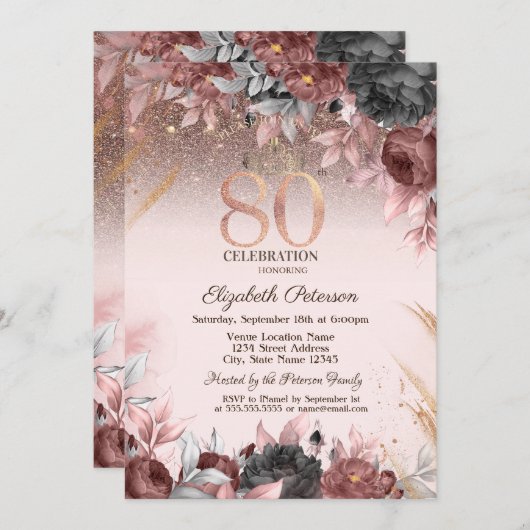 Invitation Lumières, Fleurs Chic Parties scintillant 80e anni (Devant / Derrière)