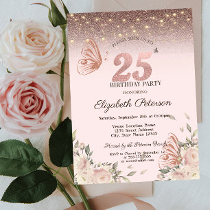 Invitation Lumières, Fleurs Paillettes Papillons 25e Annivers