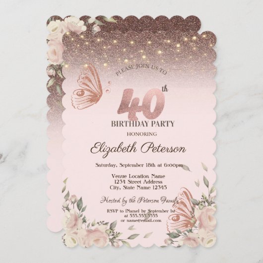 Invitation Lumières, Fleurs Parties scintillant Papillons 40e (Devant / Derrière)