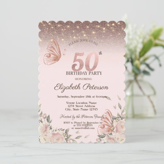 Invitation Lumières, Fleurs Parties scintillant Papillons 50e (Debout devant)