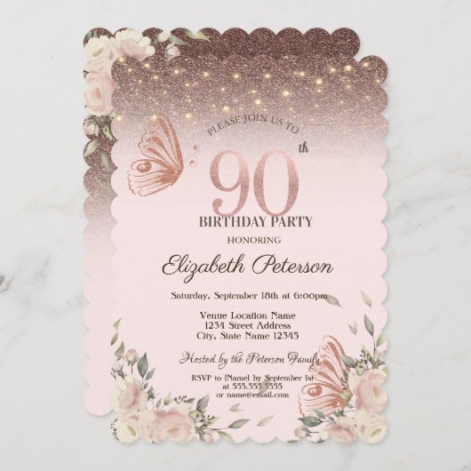 Invitation Lumières, Fleurs Parties scintillant Papillons 90e (Devant / Derrière)