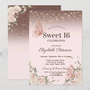 Invitation Lumières, Fleurs roses scintillantes Papillons Swe