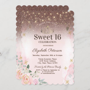 Invitation Lumières, Fleurs roses Snowflakes Parties scintill