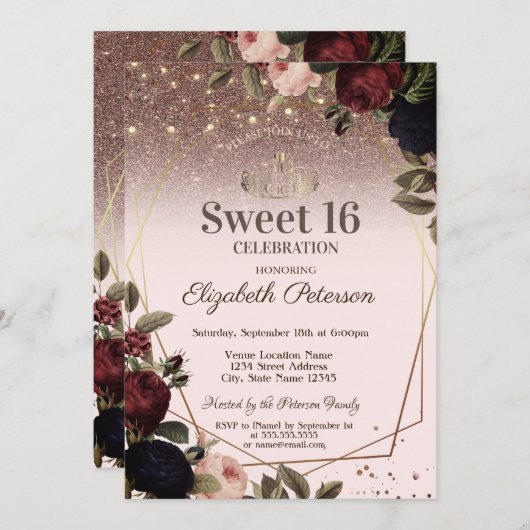 Invitation Lumières, fleurs sombres scintillent Sweet 16 (Devant / Derrière)