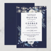 Invitation Lumières Guinguette Bleu Marine Rustique Mariage F (Devant / Derrière)