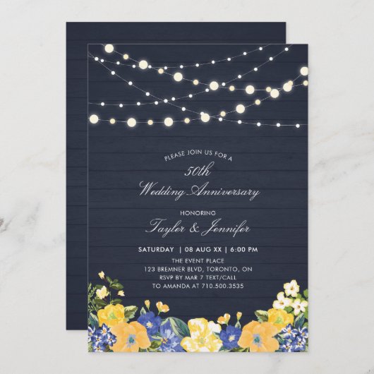 Invitation Lumières Guirlandes & Bois | 50e Anniversaire de M (Devant / Derrière)