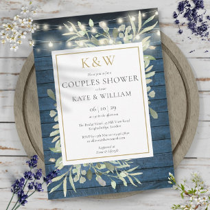 Invitation Lumières Guirlandes Bois Bleu Monogramme Cérémonie