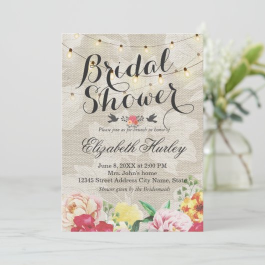 Invitation Lumières Guirlandes & Fleurs en Lin Mariage Récept (Debout devant)