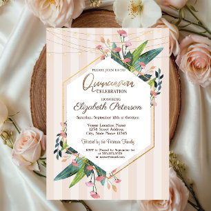 Invitation Lumières Guirlandes Florales Rayures Bois Quinceañ