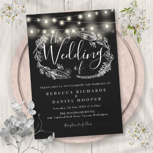 Invitation Lumières Guirlandes Noir Et Blanc Écriture Mariage