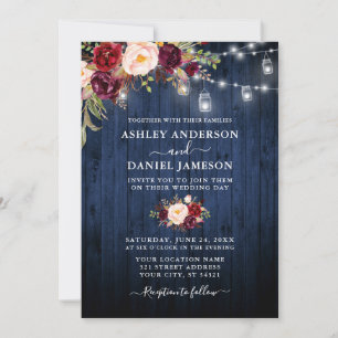 Invitation Lumières mariage Bleu Bois Bourgogne Floral Mason 