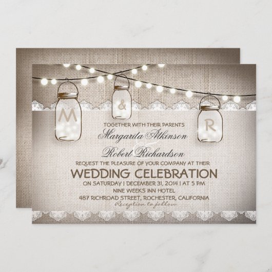 Invitation Lumières Mason Jar - Mariage rustique Burlap Lace (Devant / Derrière)