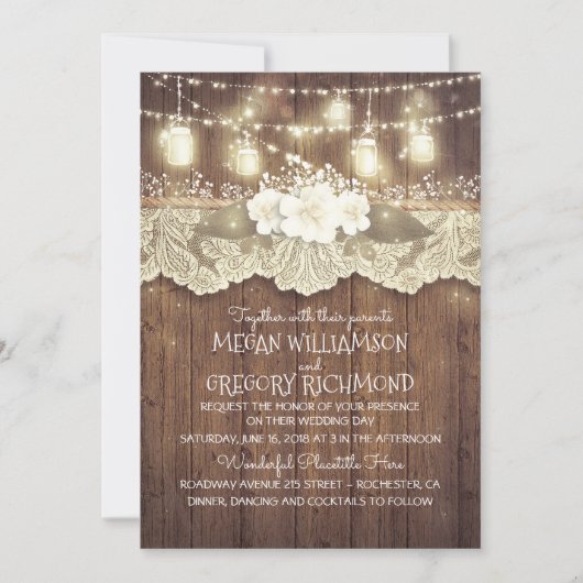 Invitation Lumières Mason Jars Lace Rustique Pays Chic Mariag (Devant)