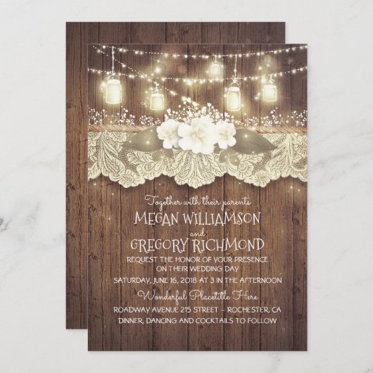 Invitation Lumières Mason Jars Lace Rustique Pays Chic Mariag (Devant / Derrière)